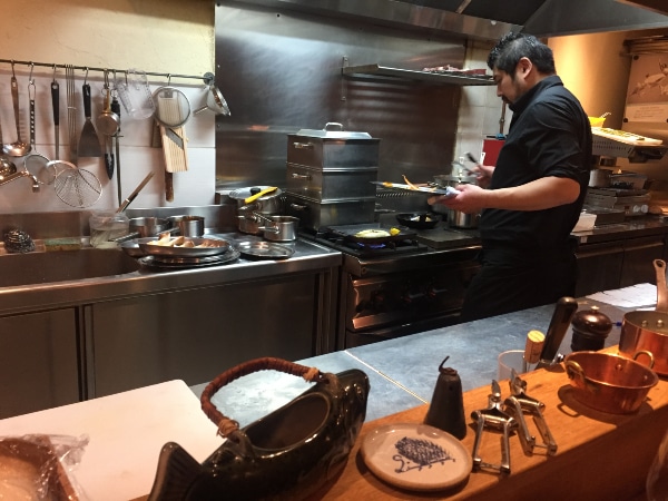 Tiny kitchen and solo chef at the fabulous La Lune in Beaune